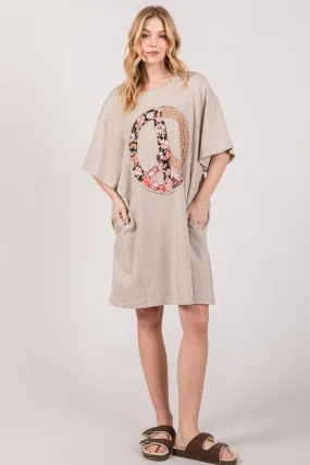 Sage Fig Boyfriend Fit T-shirt Dress with Peace Sign Applique in Oatmeal