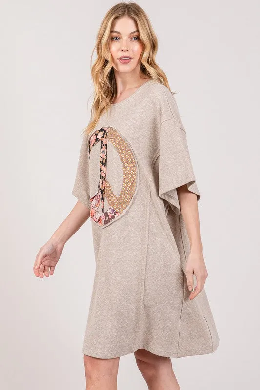 Sage Fig Boyfriend Fit T-shirt Dress with Peace Sign Applique in Oatmeal