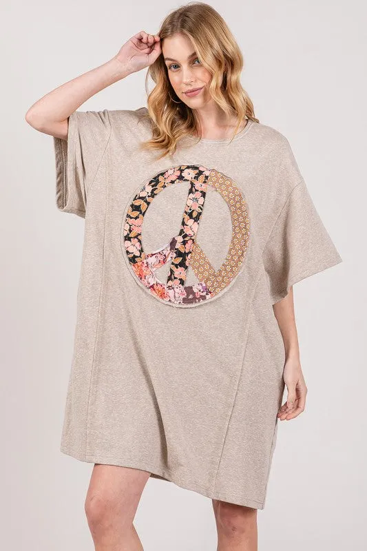 Sage Fig Boyfriend Fit T-shirt Dress with Peace Sign Applique in Oatmeal