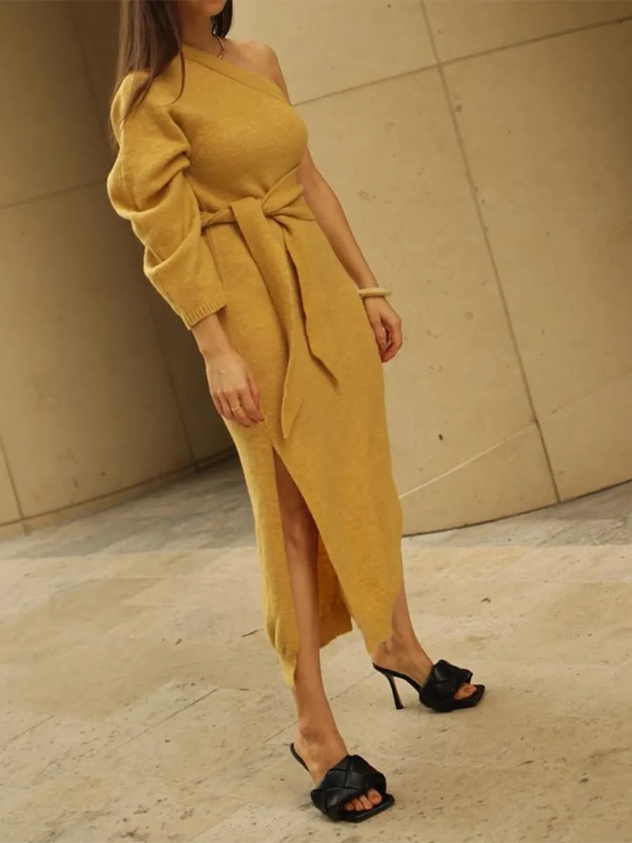Sexy One-shoulder Long-sleeved Split Knit Sweater Dress