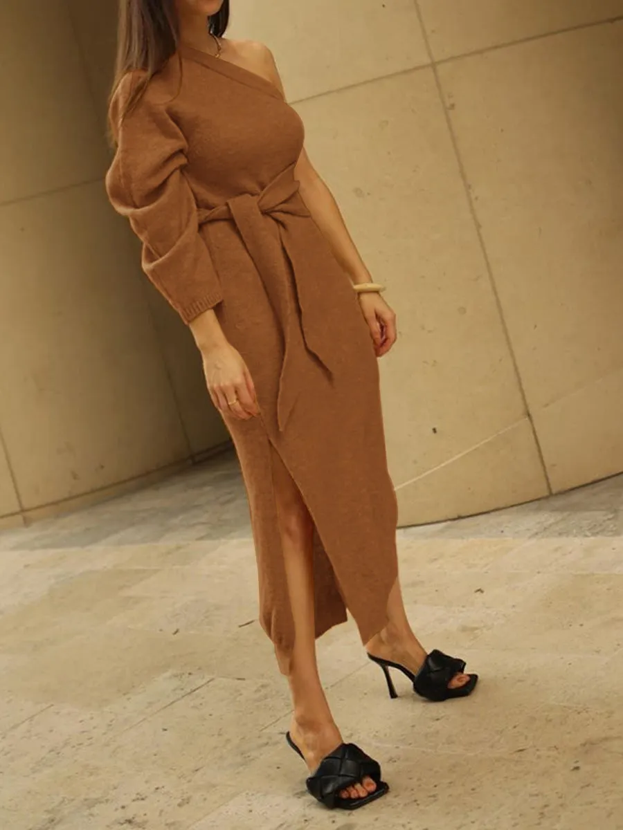 Sexy One-shoulder Long-sleeved Split Knit Sweater Dress