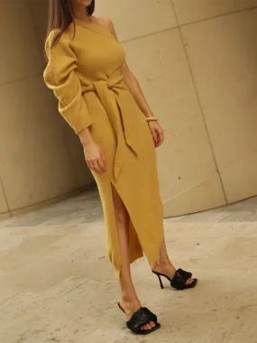 Sexy One-shoulder Long-sleeved Split Knit Sweater Dress