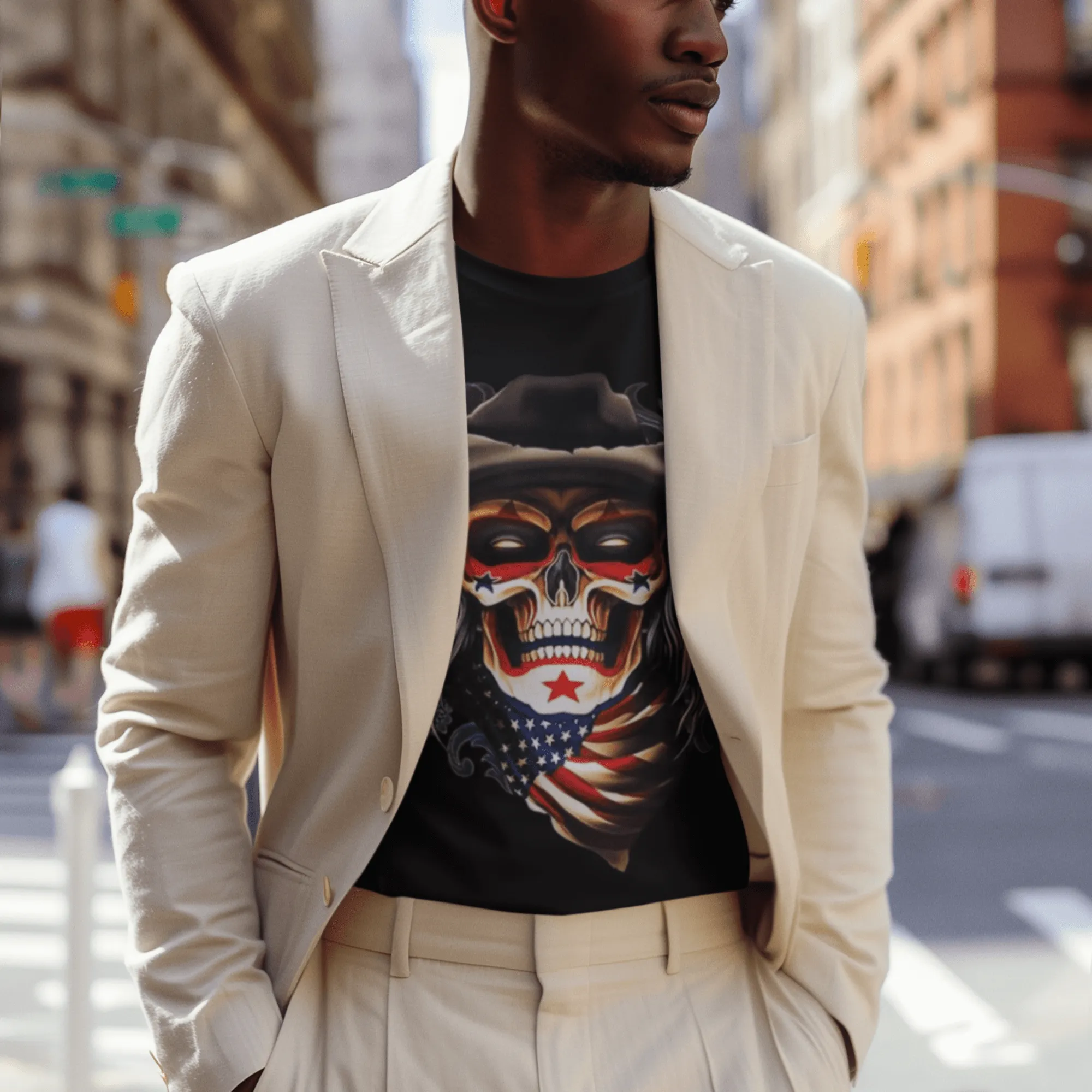 Skull Cowboy USA T-shirt Short Sleeve 100% Cotton Crewneck Unisex Top