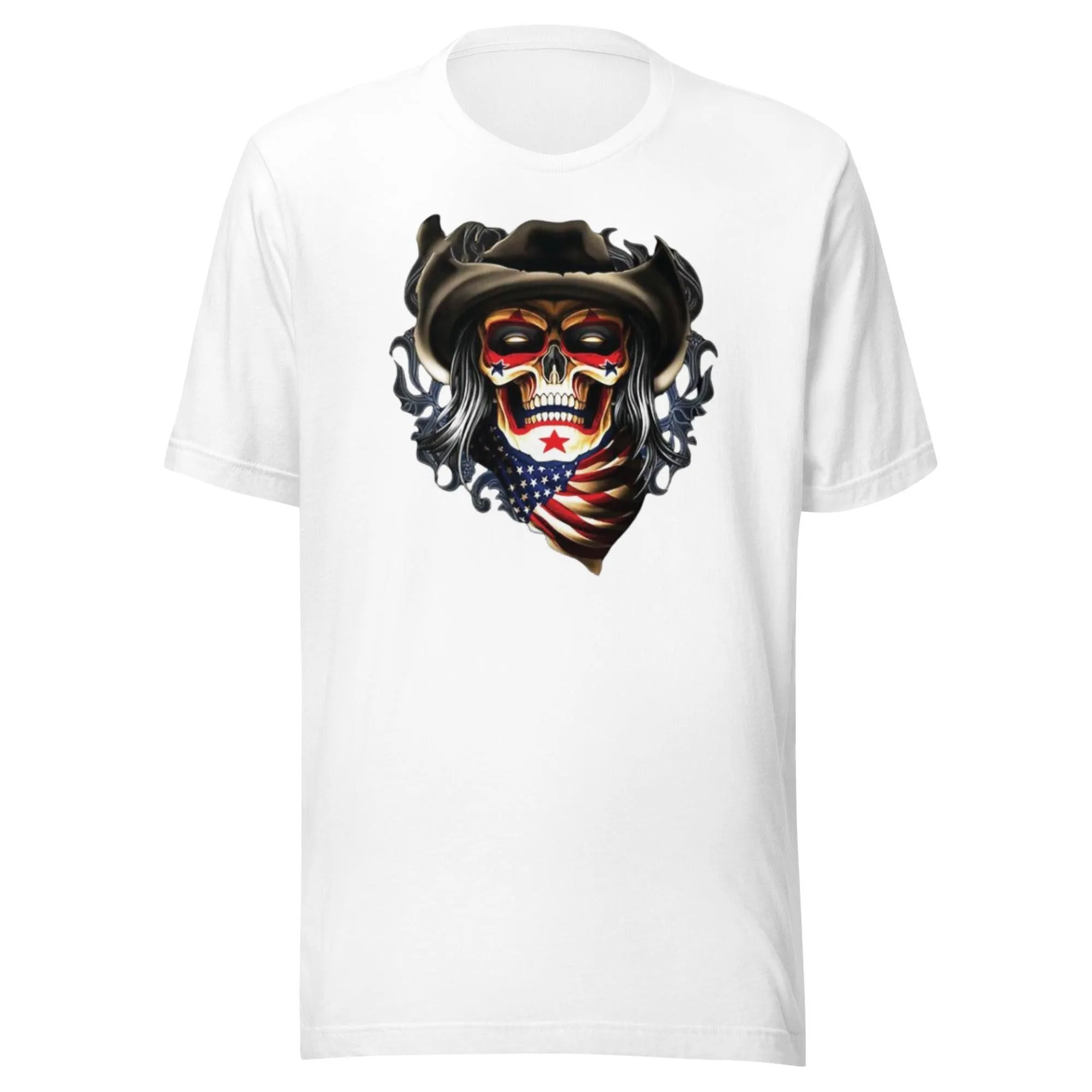 Skull Cowboy USA T-shirt Short Sleeve 100% Cotton Crewneck Unisex Top