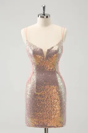 Sparkly Blush Spaghetti Straps Tight Short Homecoming Dress with Lace-Up Back