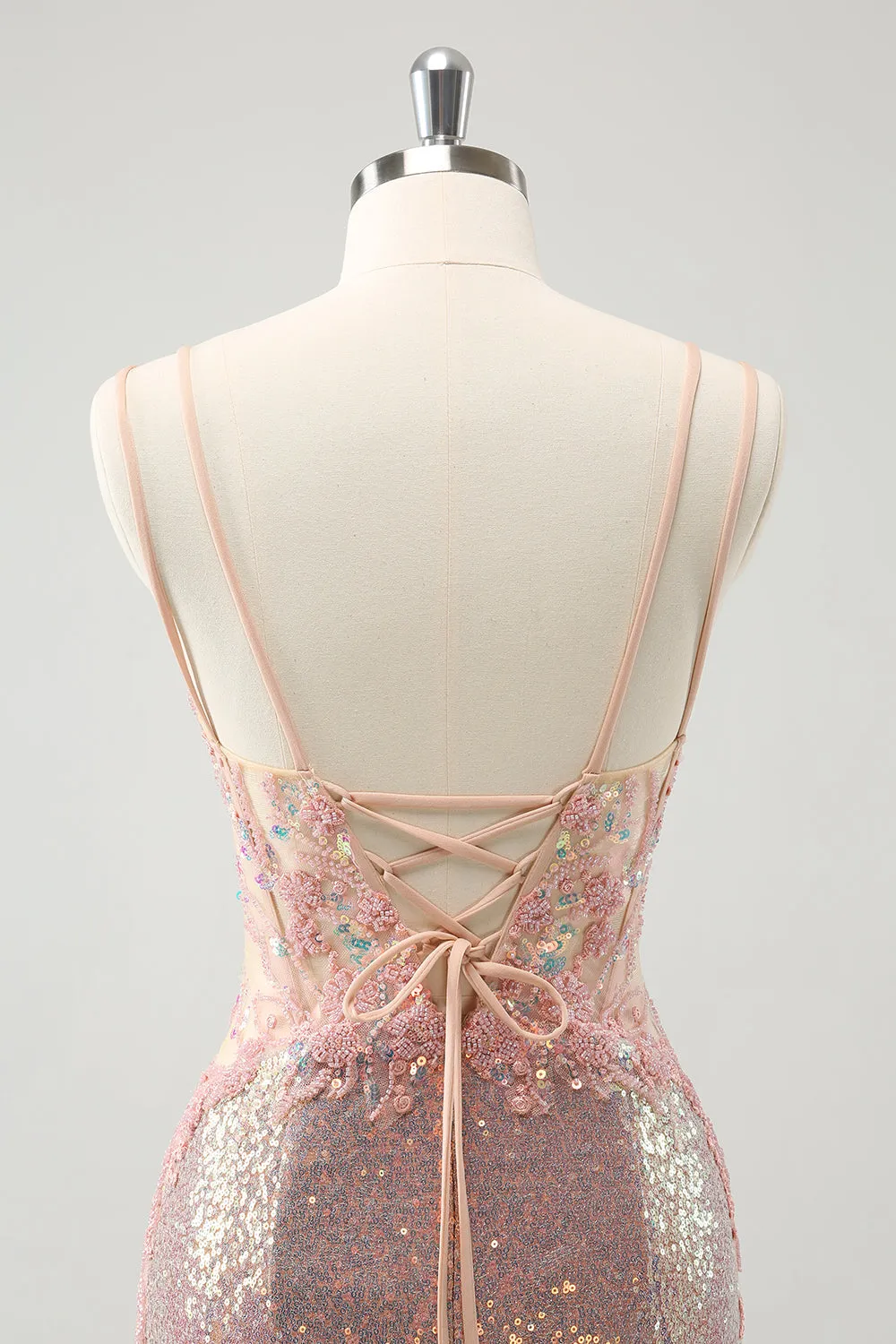 Sparkly Blush Spaghetti Straps Tight Short Homecoming Dress with Lace-Up Back