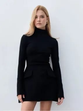 Turtleneck Bodycon X-Shape Mini Dress for Women – Elegant Long Sleeve with Pockets, Perfect for Spring & Summer Office Style