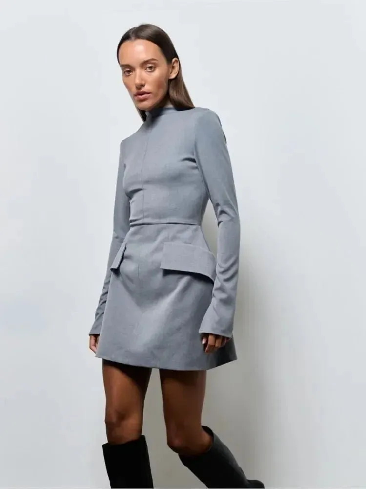 Turtleneck Bodycon X-Shape Mini Dress for Women – Elegant Long Sleeve with Pockets, Perfect for Spring & Summer Office Style