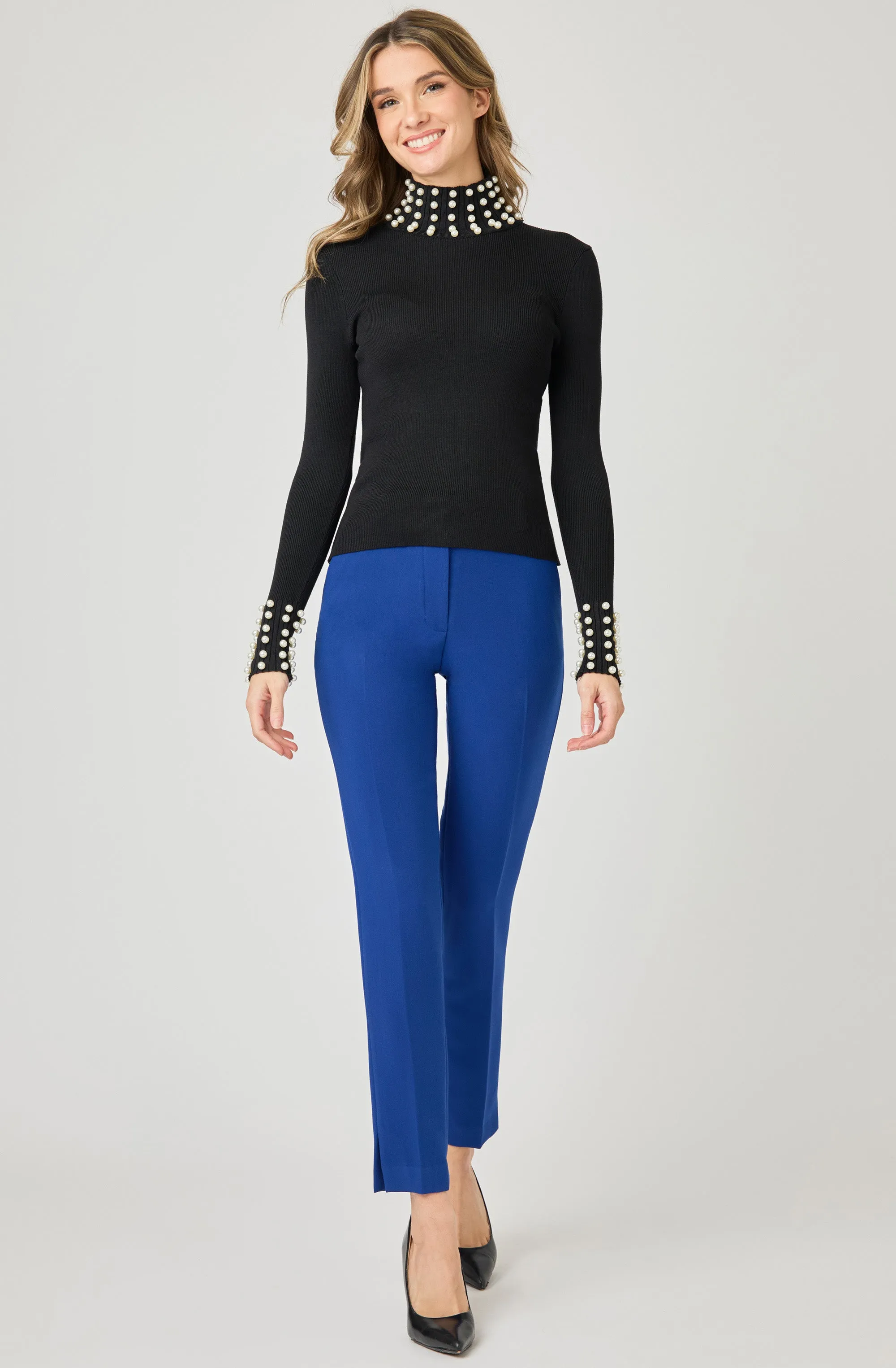 Turtleneck Knit Top with Pearl Embellishments