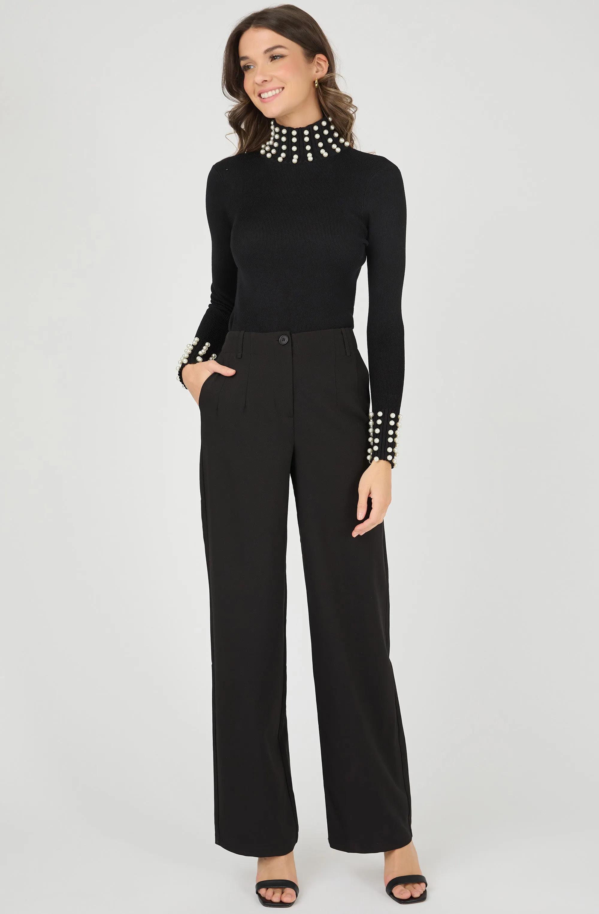Turtleneck Knit Top with Pearl Embellishments