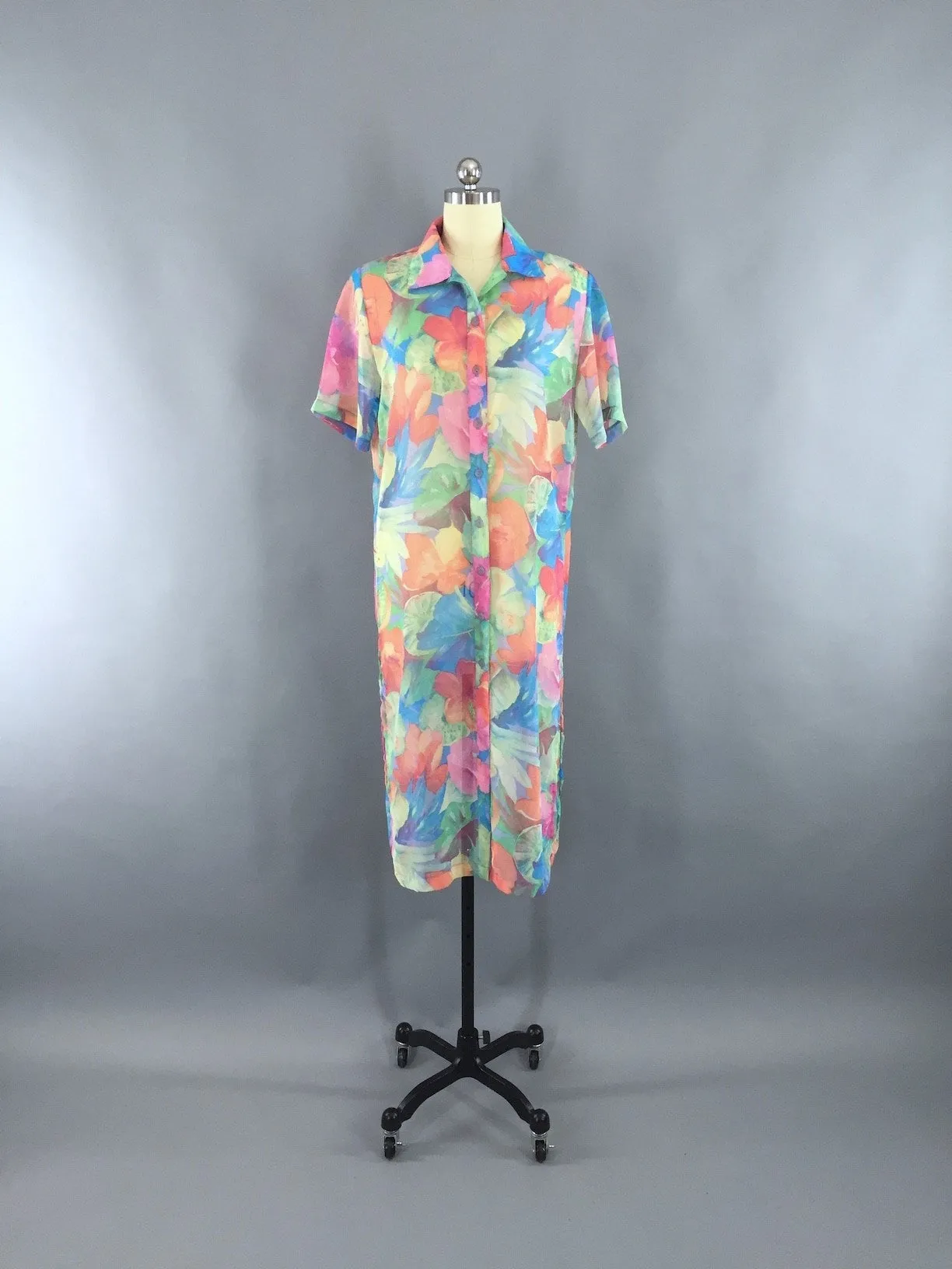 Vintage 1980s Chiffon Dress / Sheer Tunic Shirt Dress