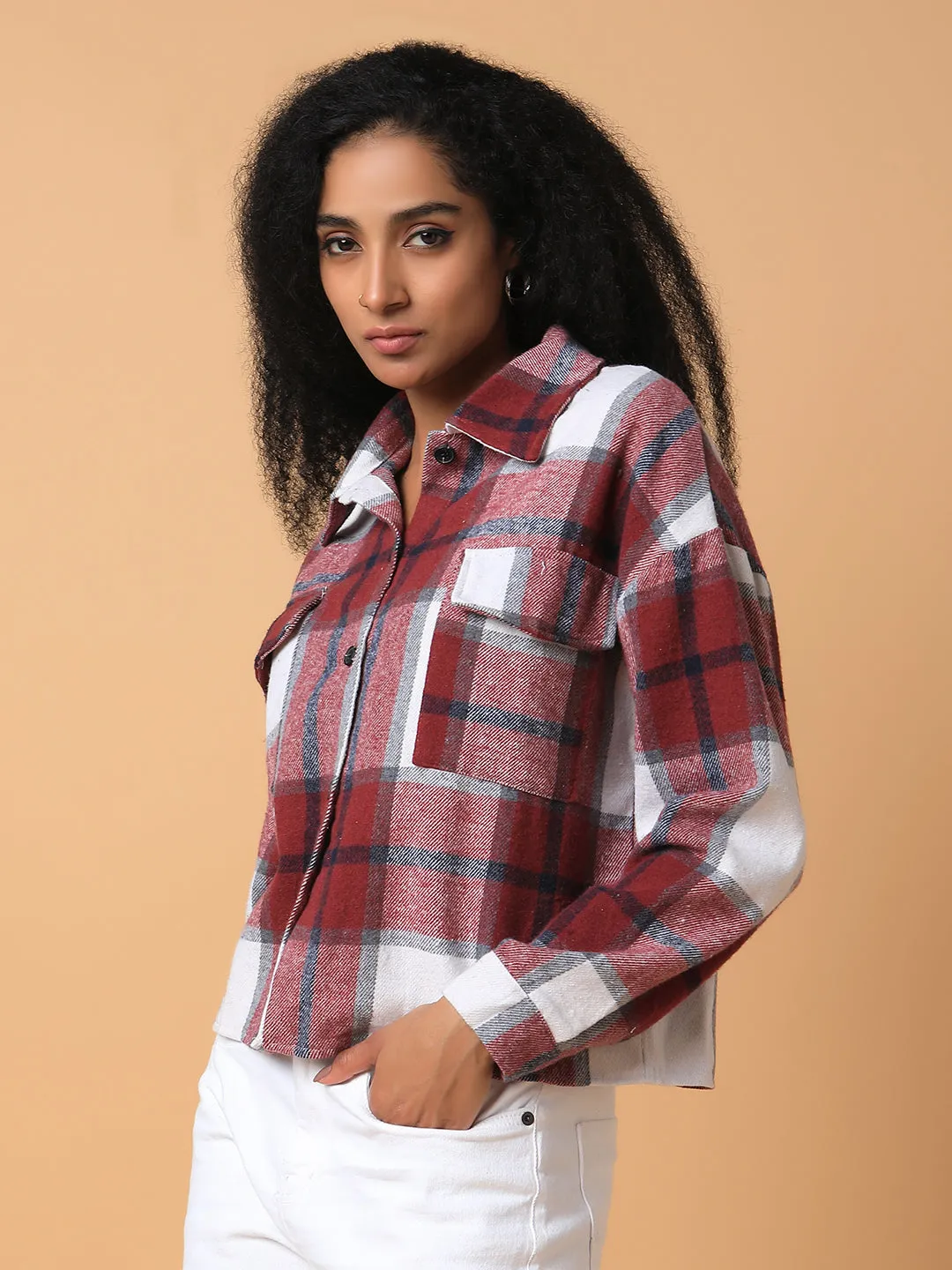 Women Checked Maroon Oversized Shirt