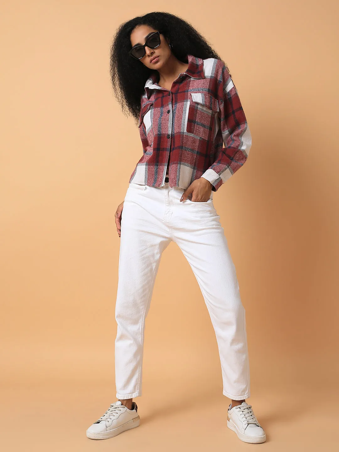 Women Checked Maroon Oversized Shirt