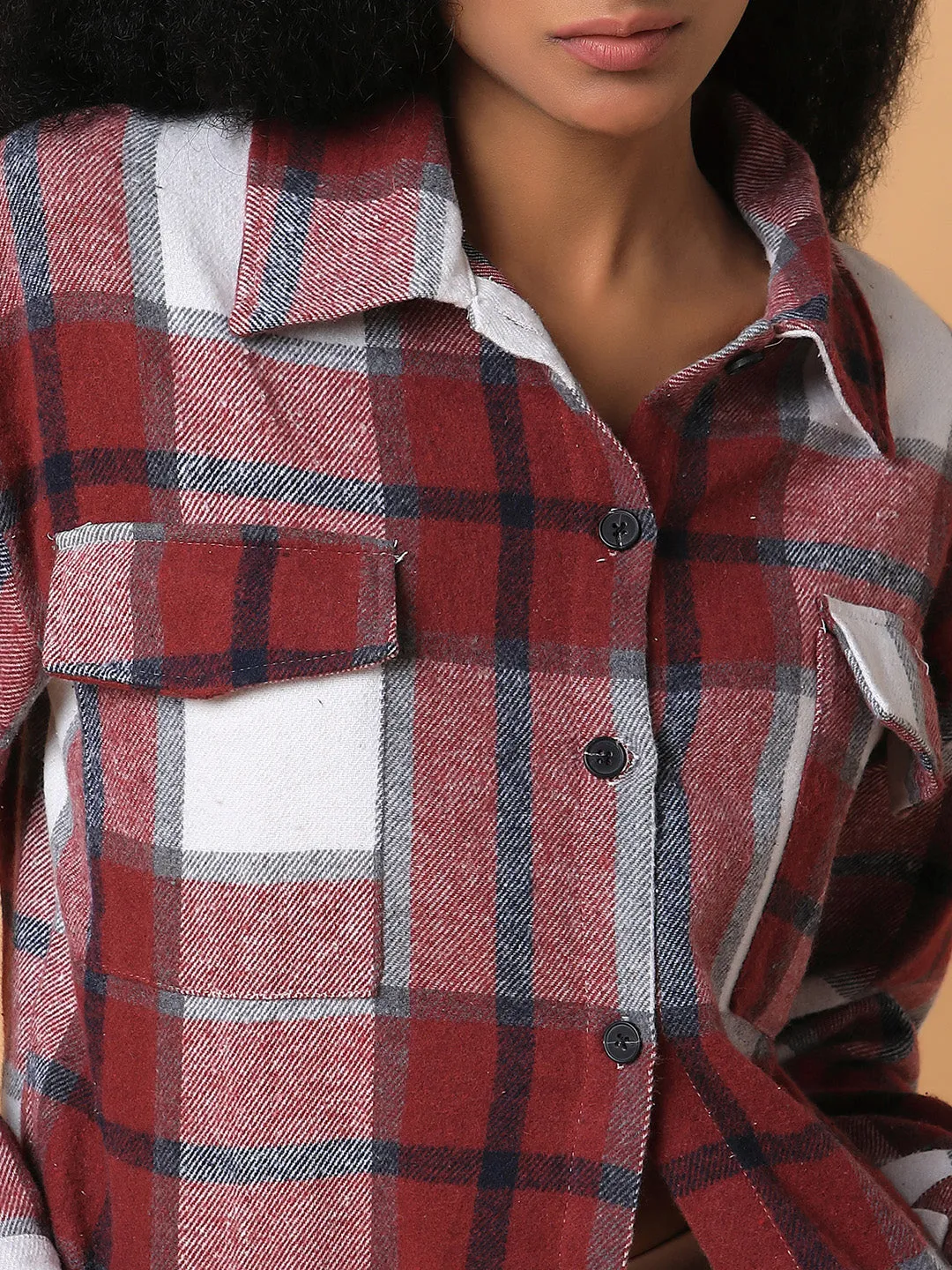 Women Checked Maroon Oversized Shirt