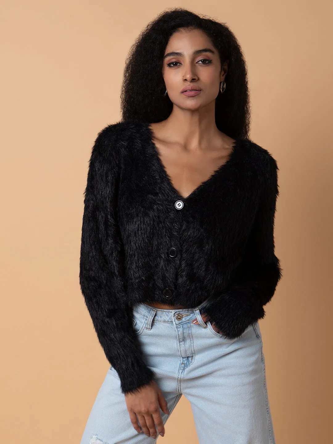 Women Solid Black Oversized Cardigan