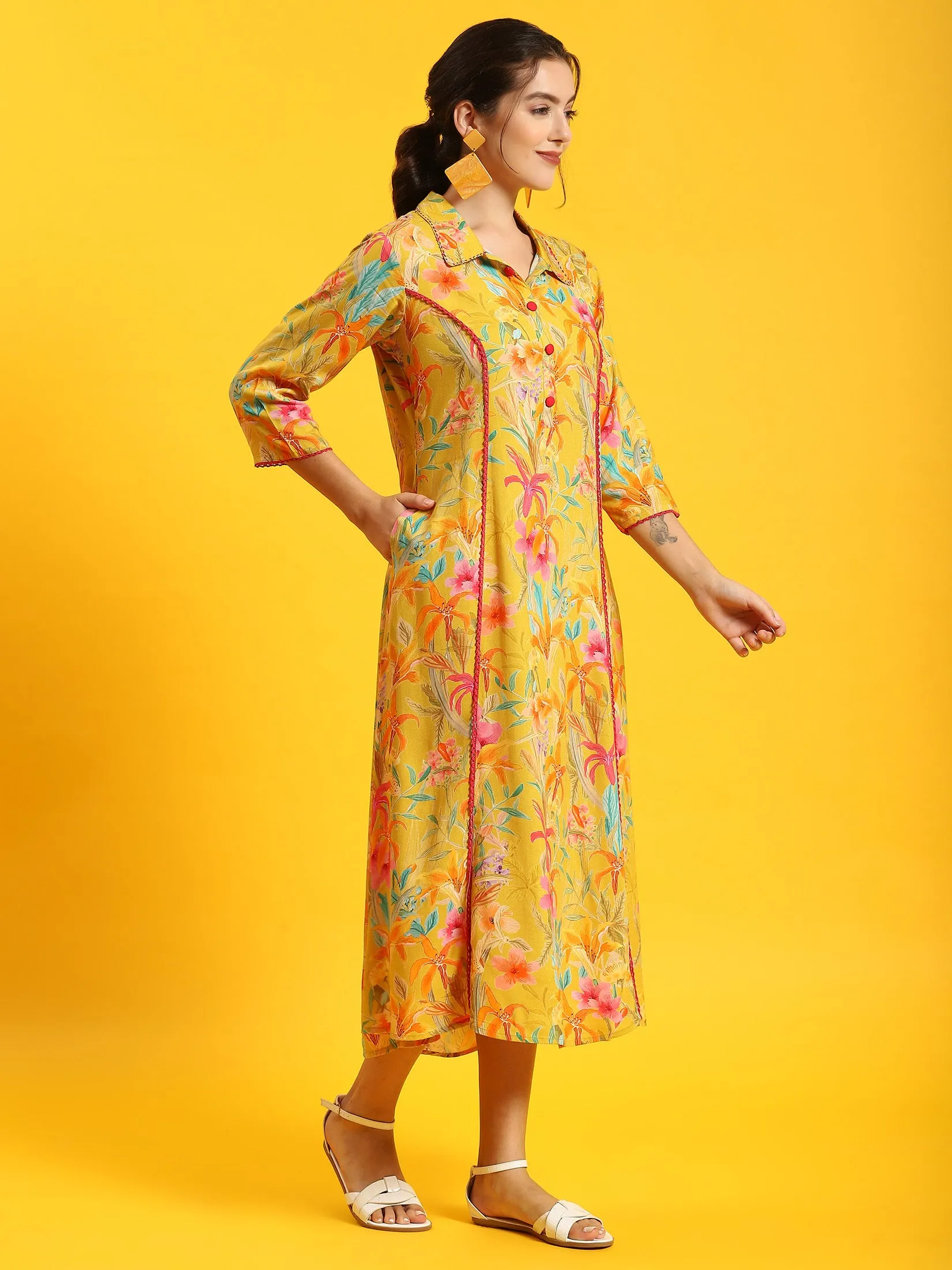 Women Yellow Floral Print Dress