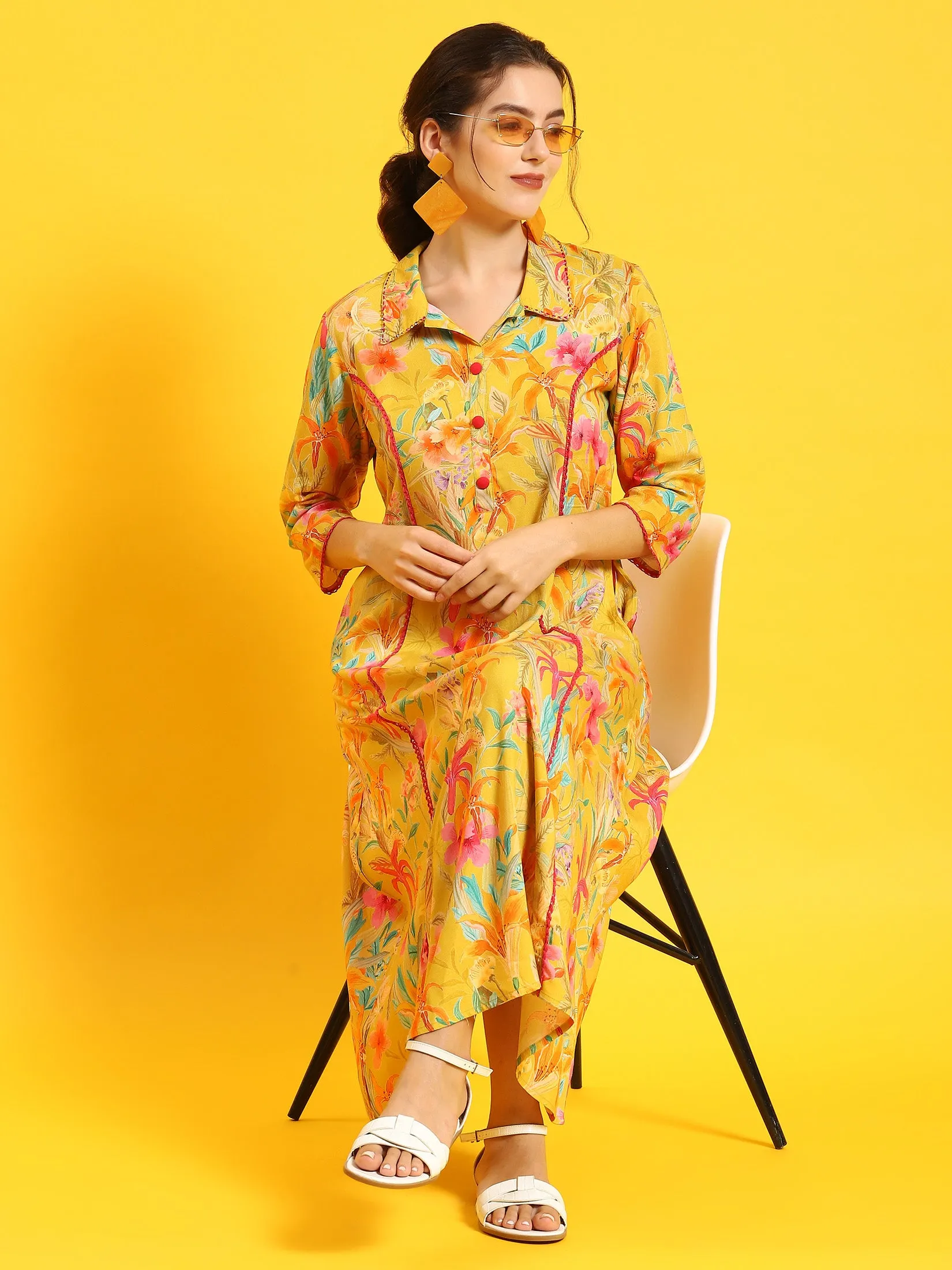 Women Yellow Floral Print Dress