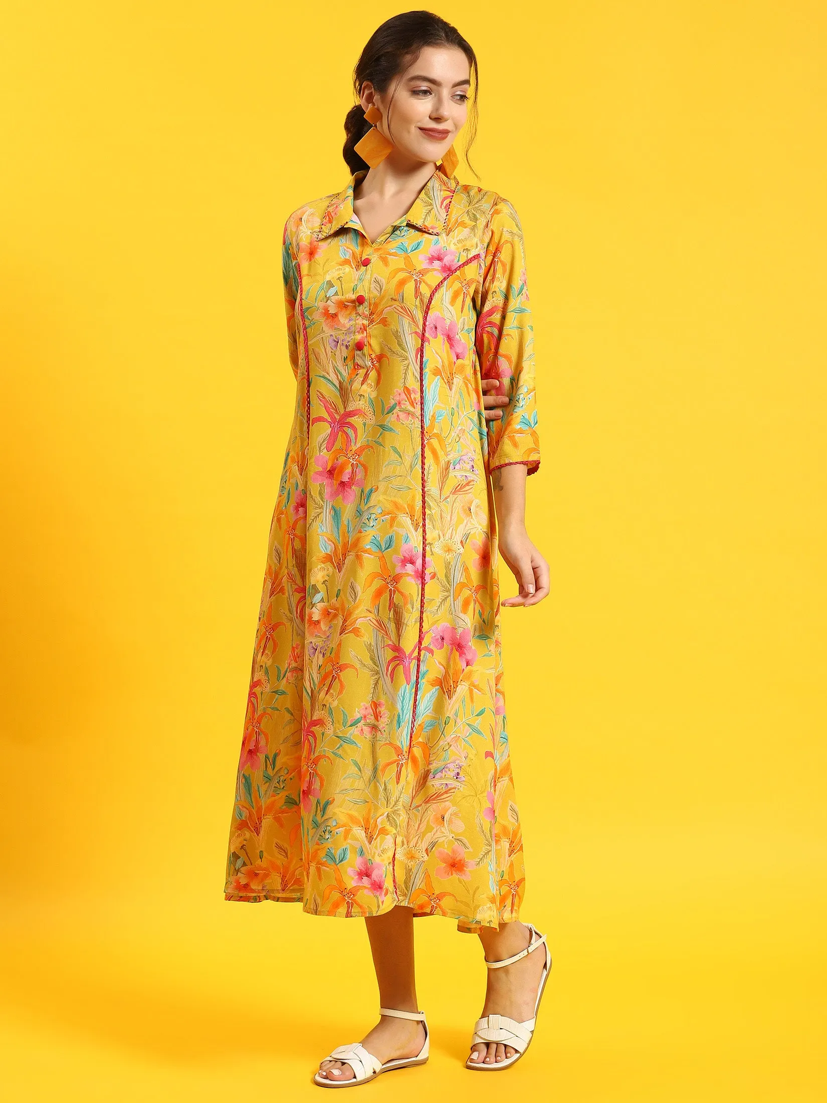 Women Yellow Floral Print Dress