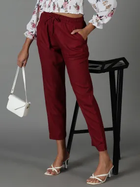 Women's Burgundy Solid Cigarette Trouser