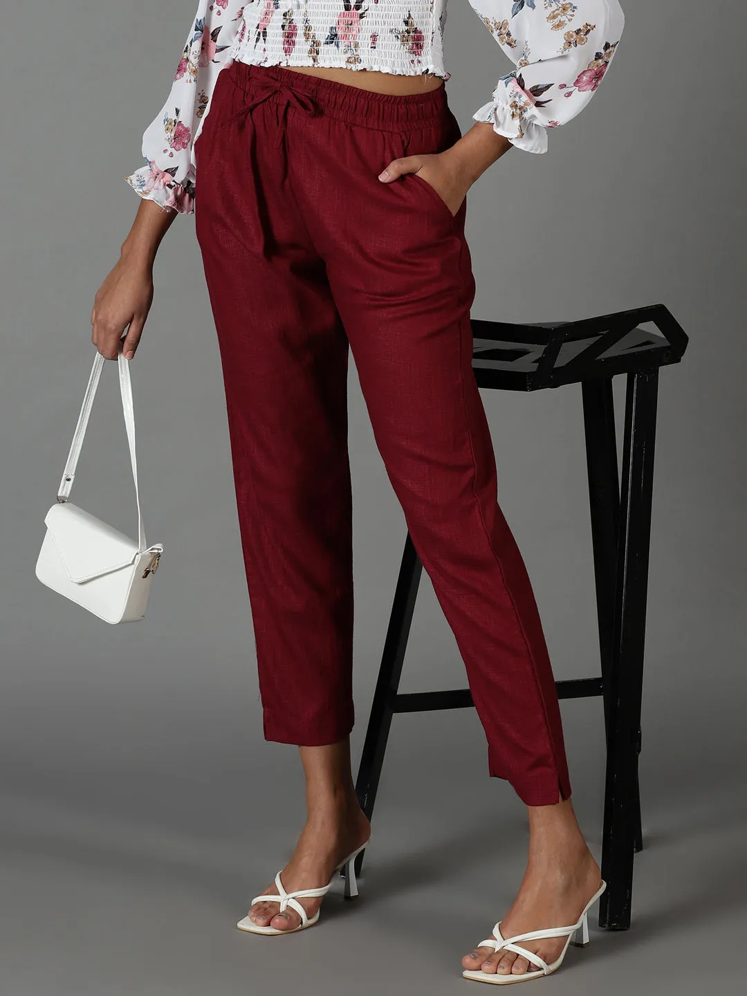 Women's Burgundy Solid Cigarette Trouser