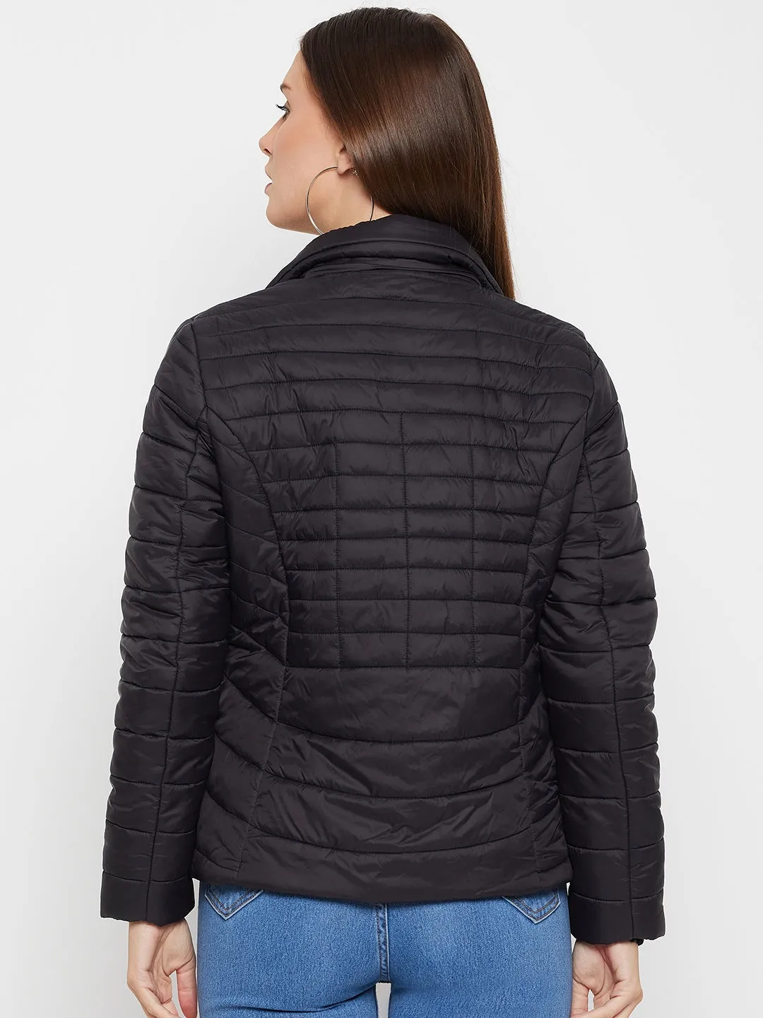 Women's Casual  Black Quilted Detachable quilted Hood Puffer Jacket