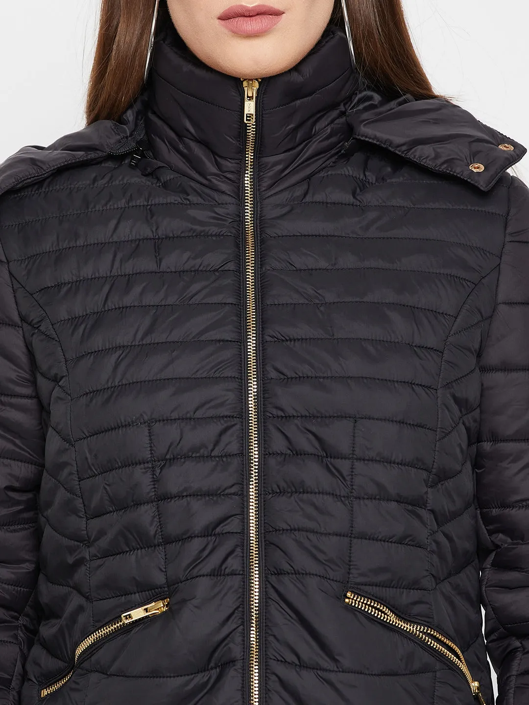 Women's Casual  Black Quilted Detachable quilted Hood Puffer Jacket