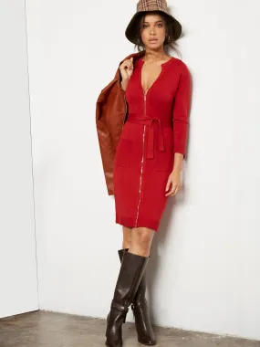 Zip-Front Belted Sweater Sheath Dress - 7th Avenue